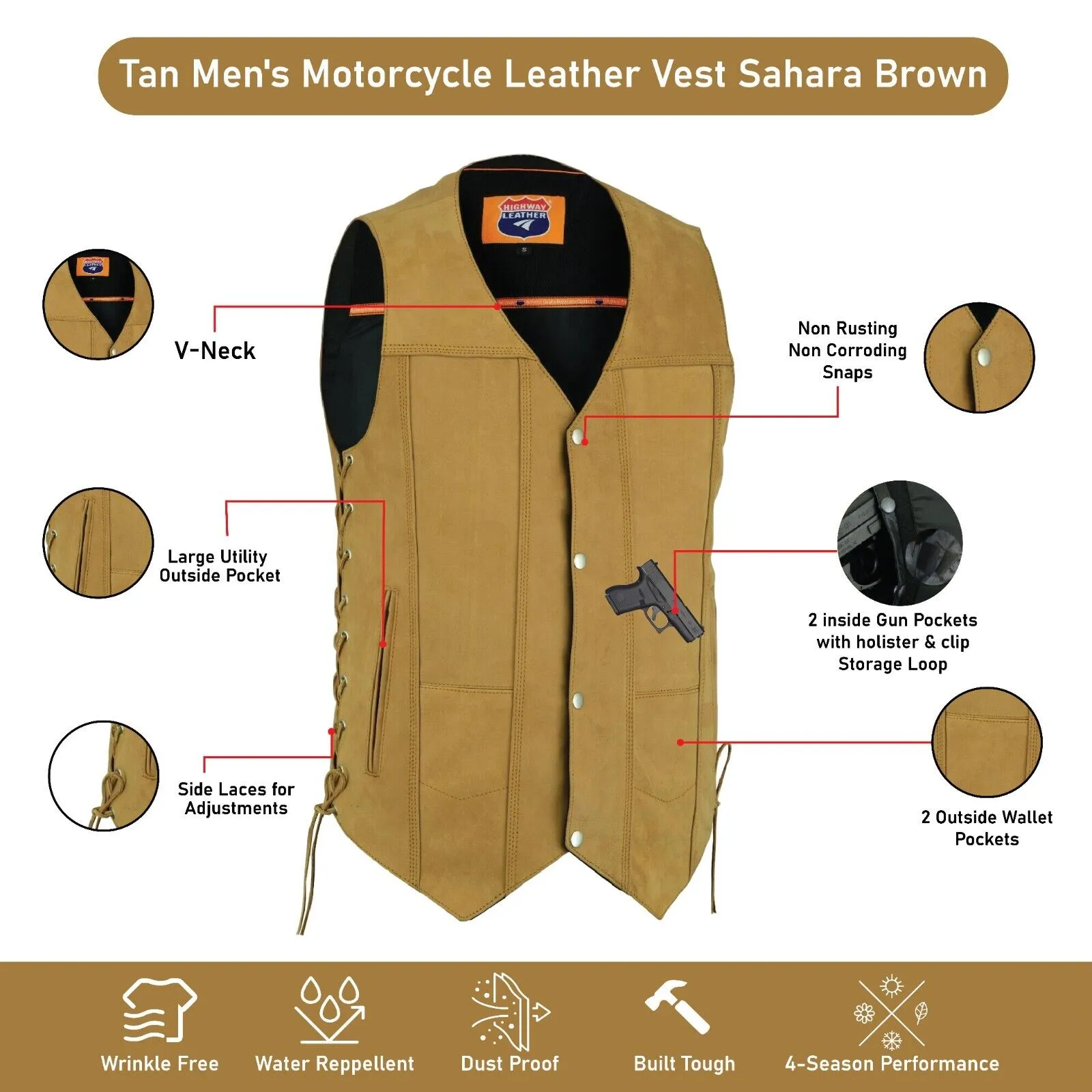 HL3540TAN Men's Motorcycle Leather Vest Sahara Brown TAN Distressed Biker Side Lace Gun CC