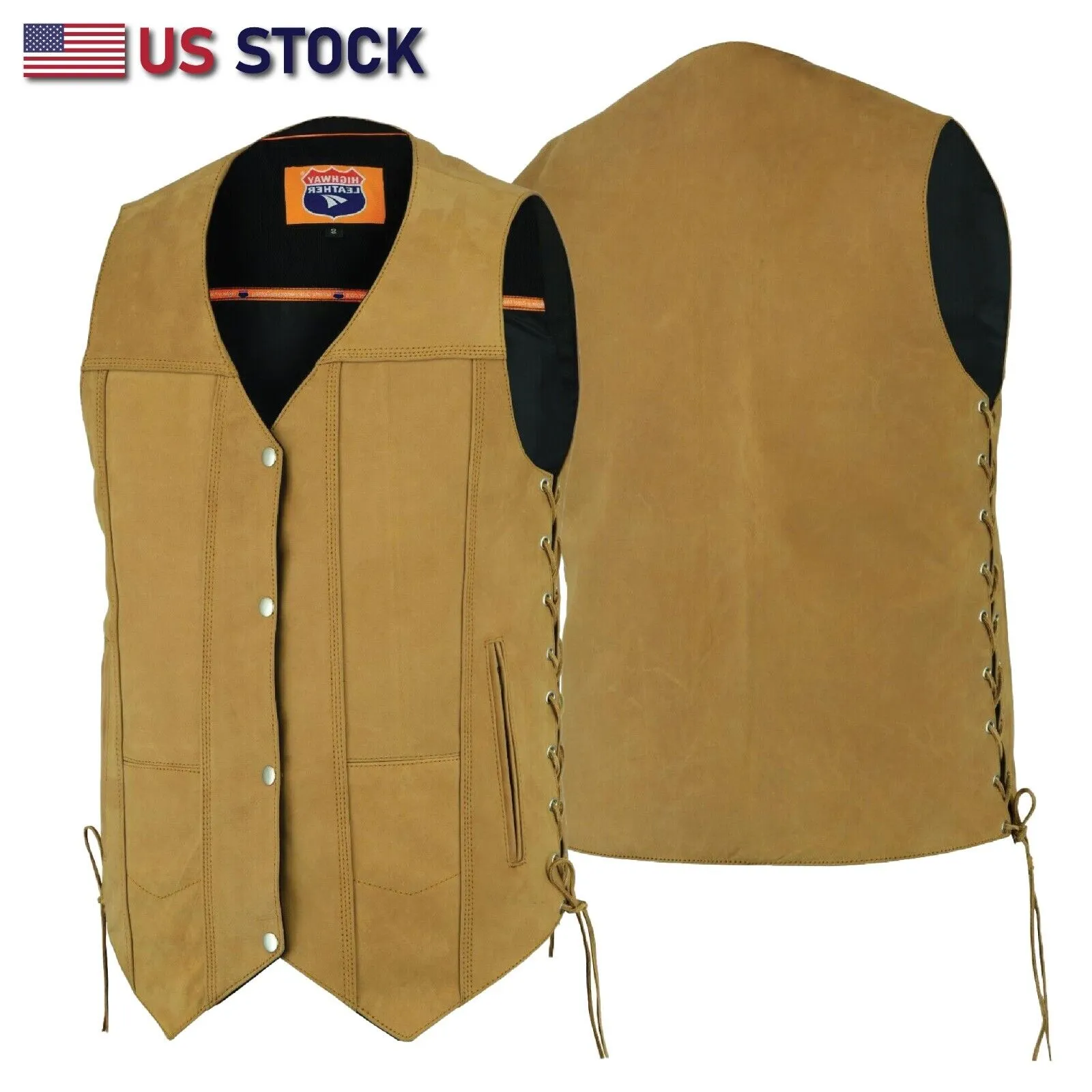 HL3540TAN Men's Motorcycle Leather Vest Sahara Brown TAN Distressed Biker Side Lace Gun CC