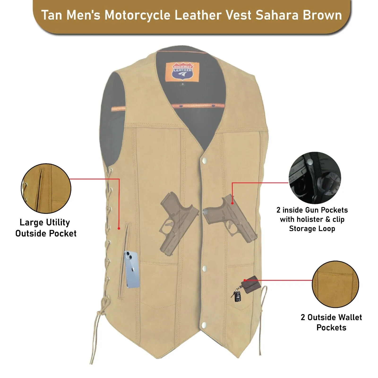 HL3540TAN Men's Motorcycle Leather Vest Sahara Brown TAN Distressed Biker Side Lace Gun CC