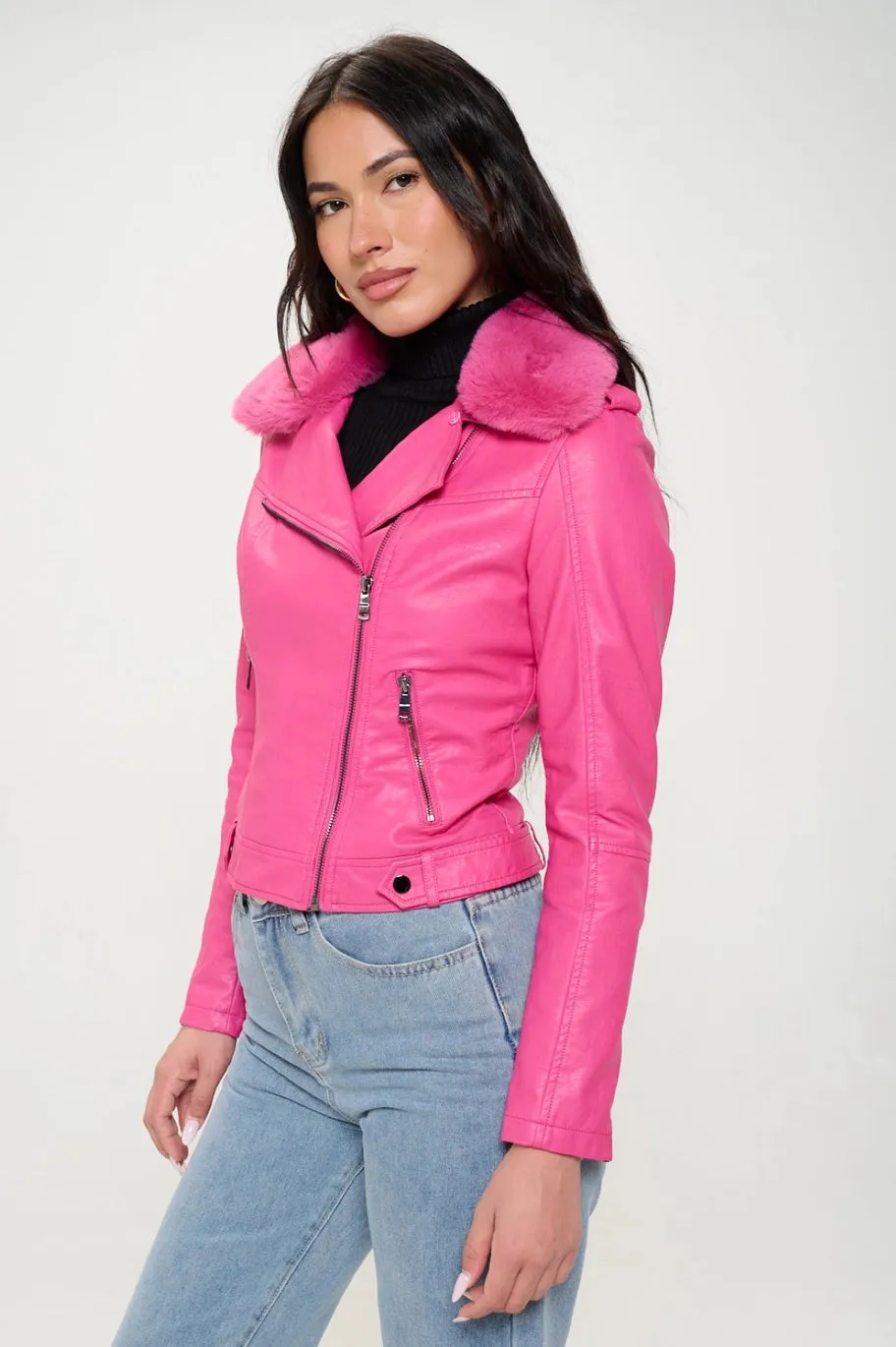 Hot Pink Motorcycle Jacket with Faux Fur Collar