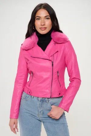 Hot Pink Motorcycle Jacket with Faux Fur Collar