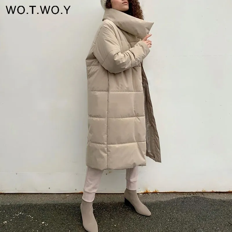 Joskaa Christmas Gift WOTWOY Oversized Long Thicken Winter Jackets Women Warm Cotton Padded Parkas Female Wide-Waisted Straight Coats 2024 Overcoat