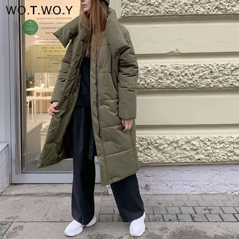 Joskaa Christmas Gift WOTWOY Oversized Long Thicken Winter Jackets Women Warm Cotton Padded Parkas Female Wide-Waisted Straight Coats 2024 Overcoat