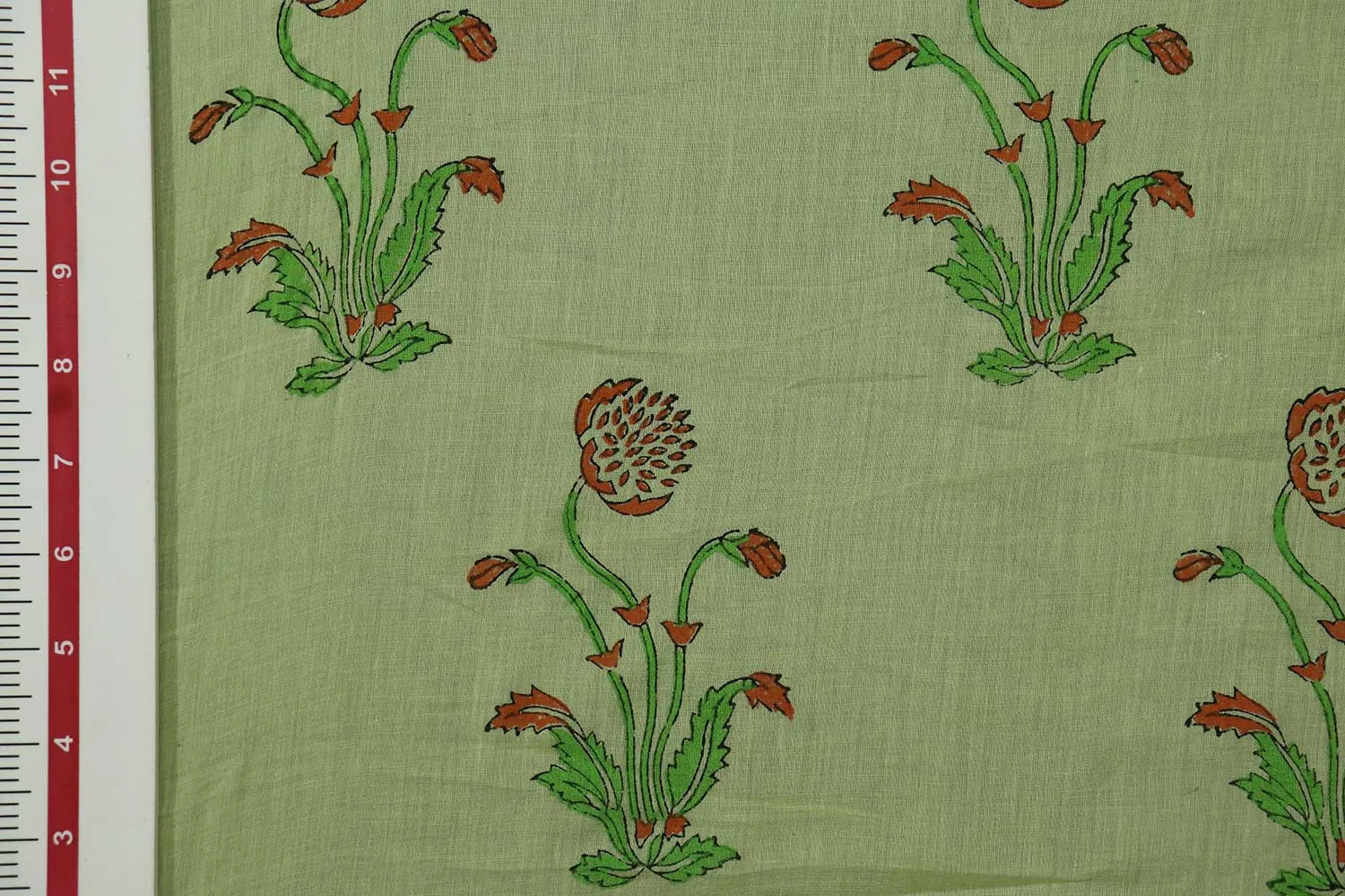 Light Green Floral Block Printed Cotton Fabric