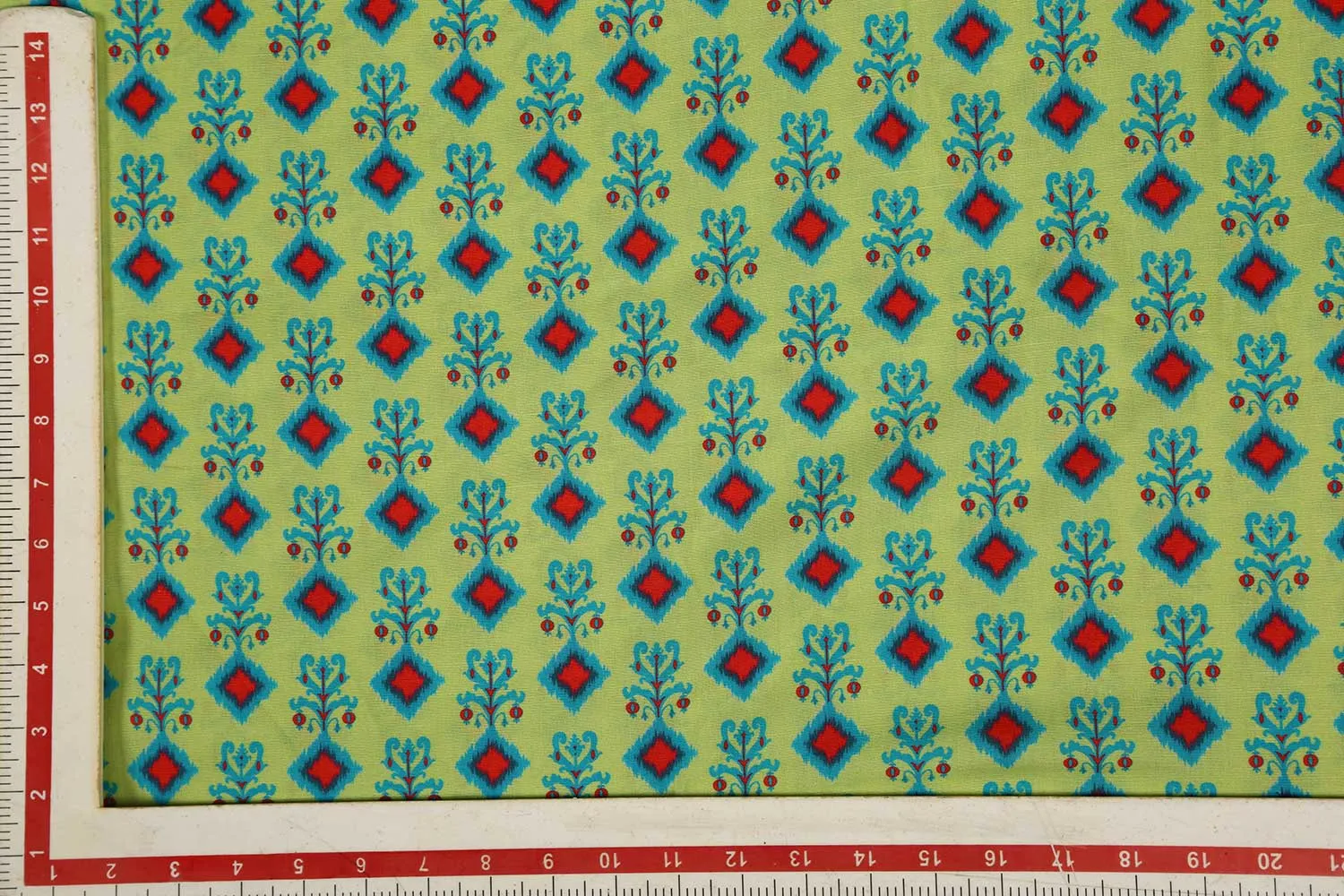 Lime Green Motifs Printed Cotton Linen  Fabric