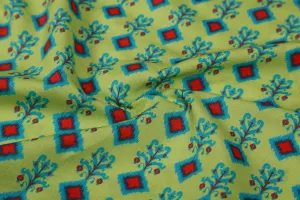 Lime Green Motifs Printed Cotton Linen  Fabric