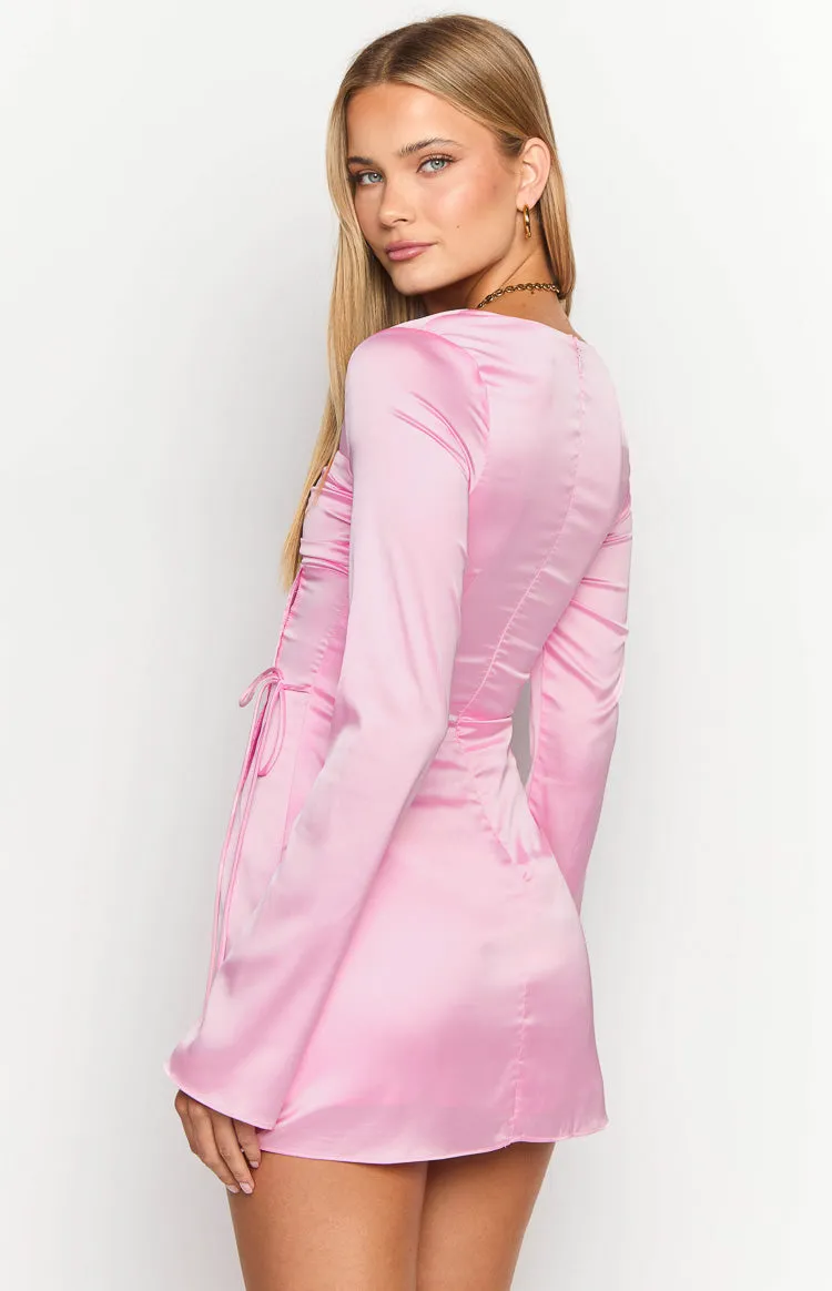 Lucy Pink Satin Long Sleeve Mini Dress