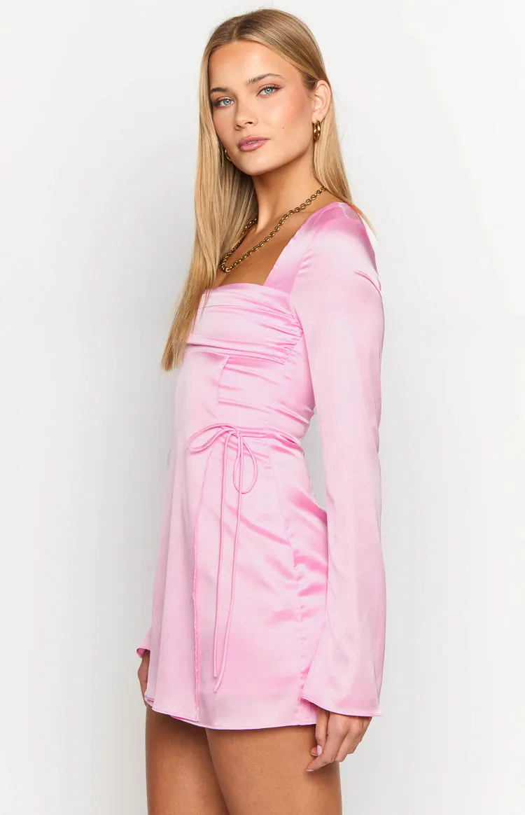 Lucy Pink Satin Long Sleeve Mini Dress