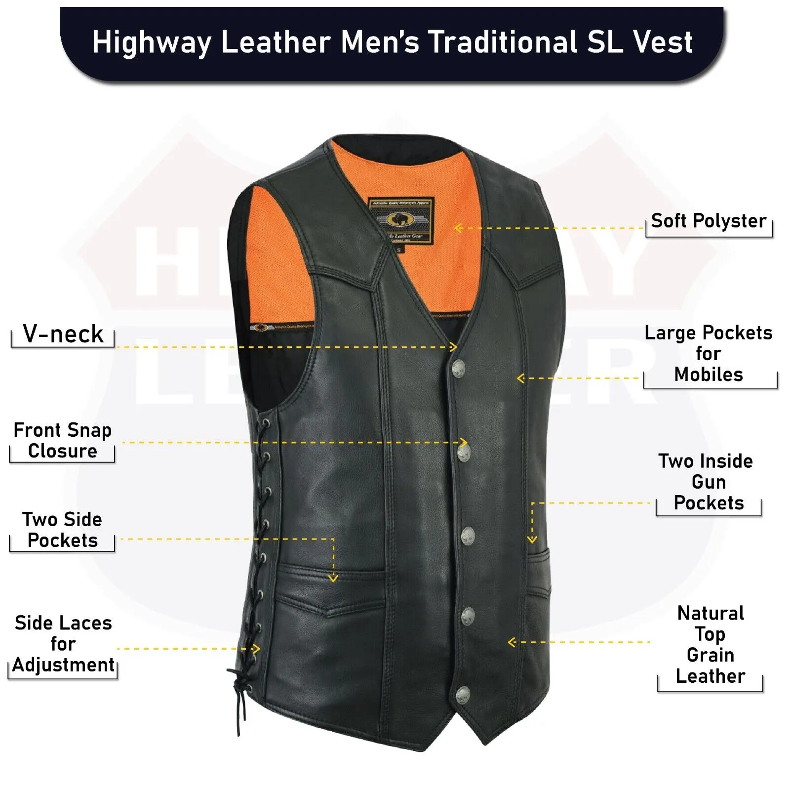 Men Motorcycle Leather Biker Vest Side Lace Pistol Pockets Patch Sew #HL11614NKD