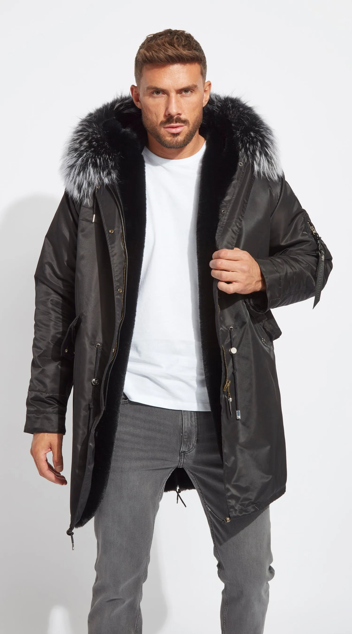 Mens Black Water-Repellent Luxy Fur Parka - 3/4 Black Mist