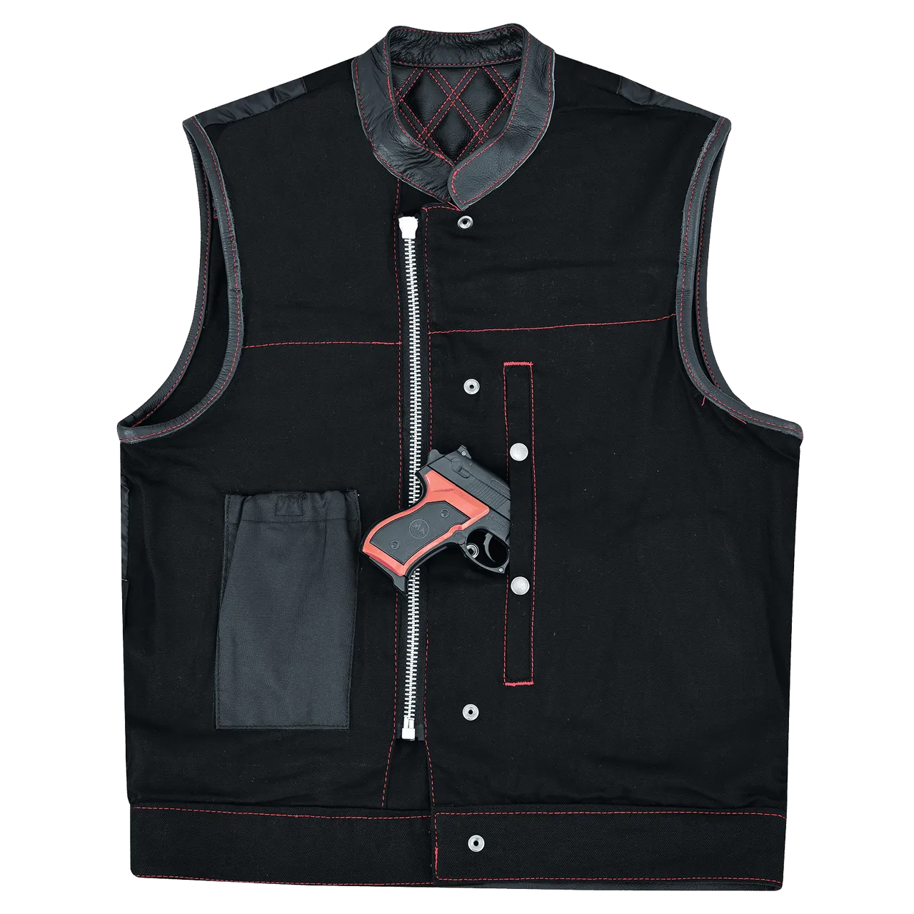 Men's Denim & Leather Motorcycle Vest with Conceal Carry Pockets and Red Stitching.