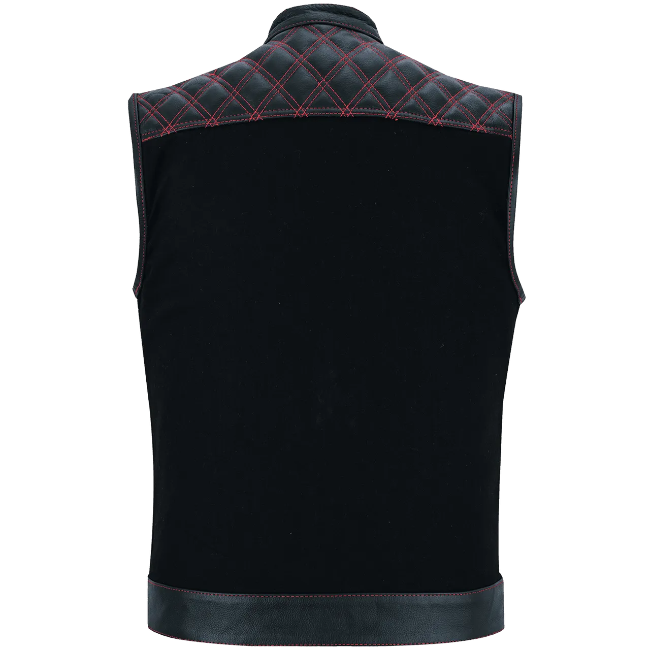 Men's Denim & Leather Motorcycle Vest with Conceal Carry Pockets and Red Stitching.