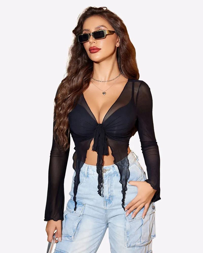 Mesh Crop Top Y2K Tie Front Tops