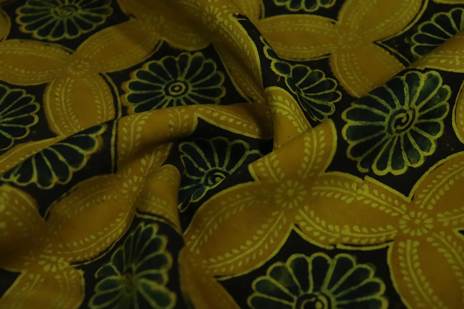 Mustard Yellow & Black Floral Modal Satin Fabric