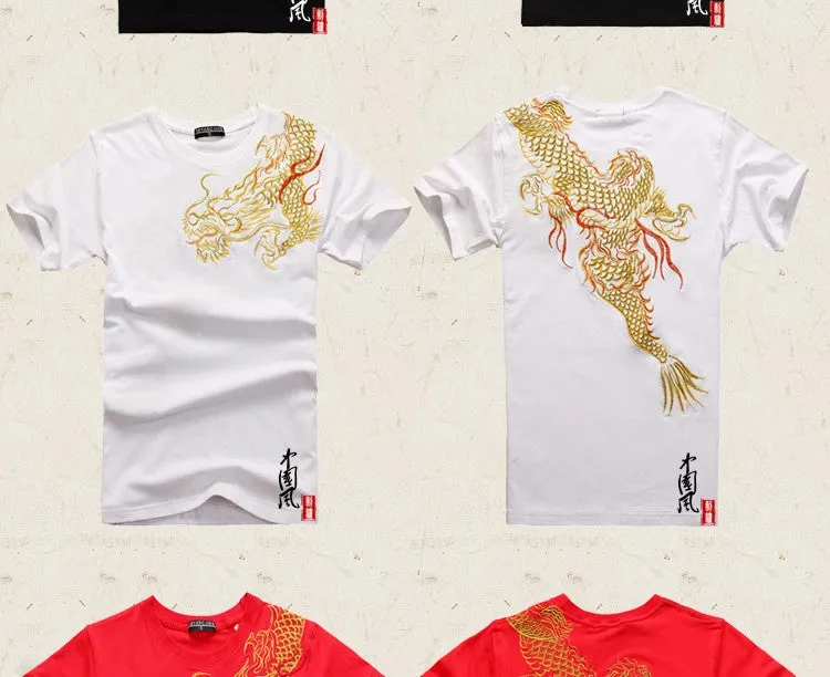 New Arrival China National Wind Dragon, embroidery shirts, tops for Summer, short-sleeve high-quality cotton t-shirt