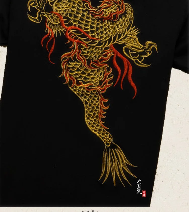 New Arrival China National Wind Dragon, embroidery shirts, tops for Summer, short-sleeve high-quality cotton t-shirt