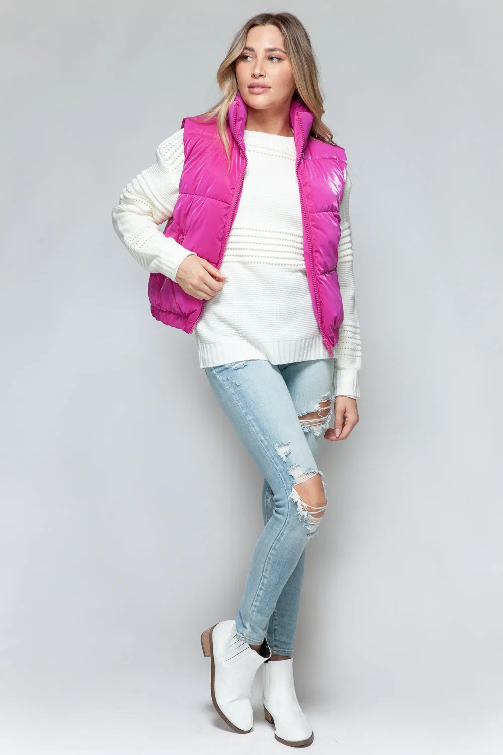 Pink Puffy Jacket New Women's Fall and Winter Fashion Fine Fur Lining Quilted Vest