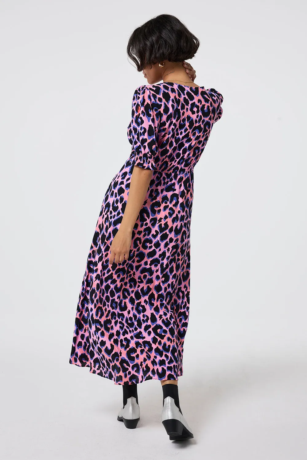 Pink with Blue and Black Shadow Leopard Flute Sleeve Midi Tea Dress