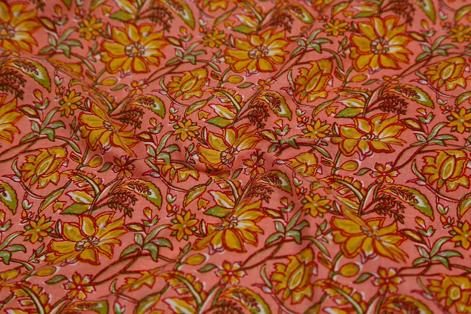 Precut of 1 Meter of Peach & Yellow Printed Cotton Cambric Fabric