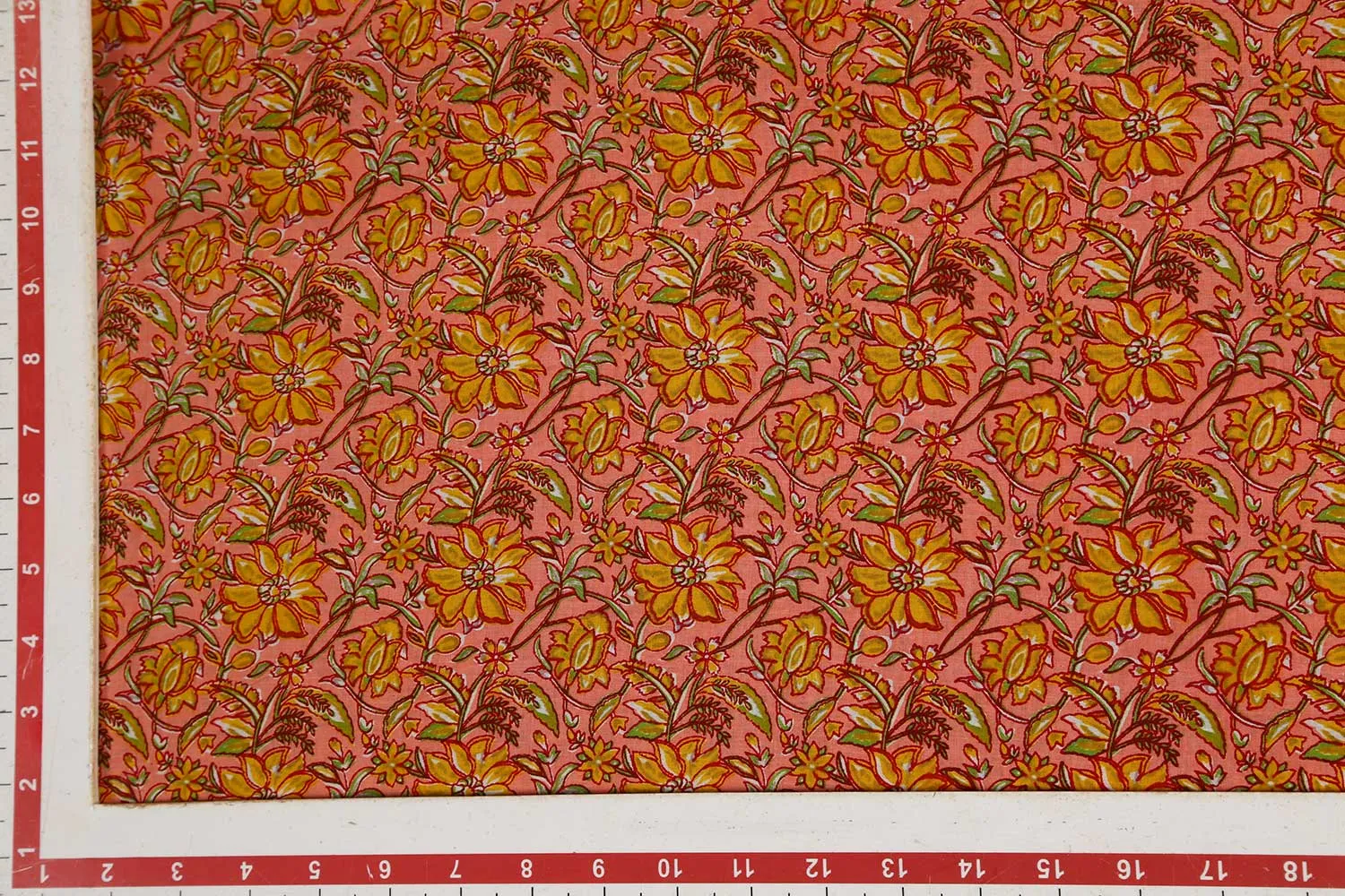 Precut of 1 Meter of Peach & Yellow Printed Cotton Cambric Fabric