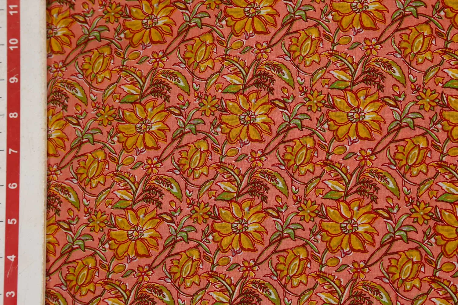 Precut of 1 Meter of Peach & Yellow Printed Cotton Cambric Fabric