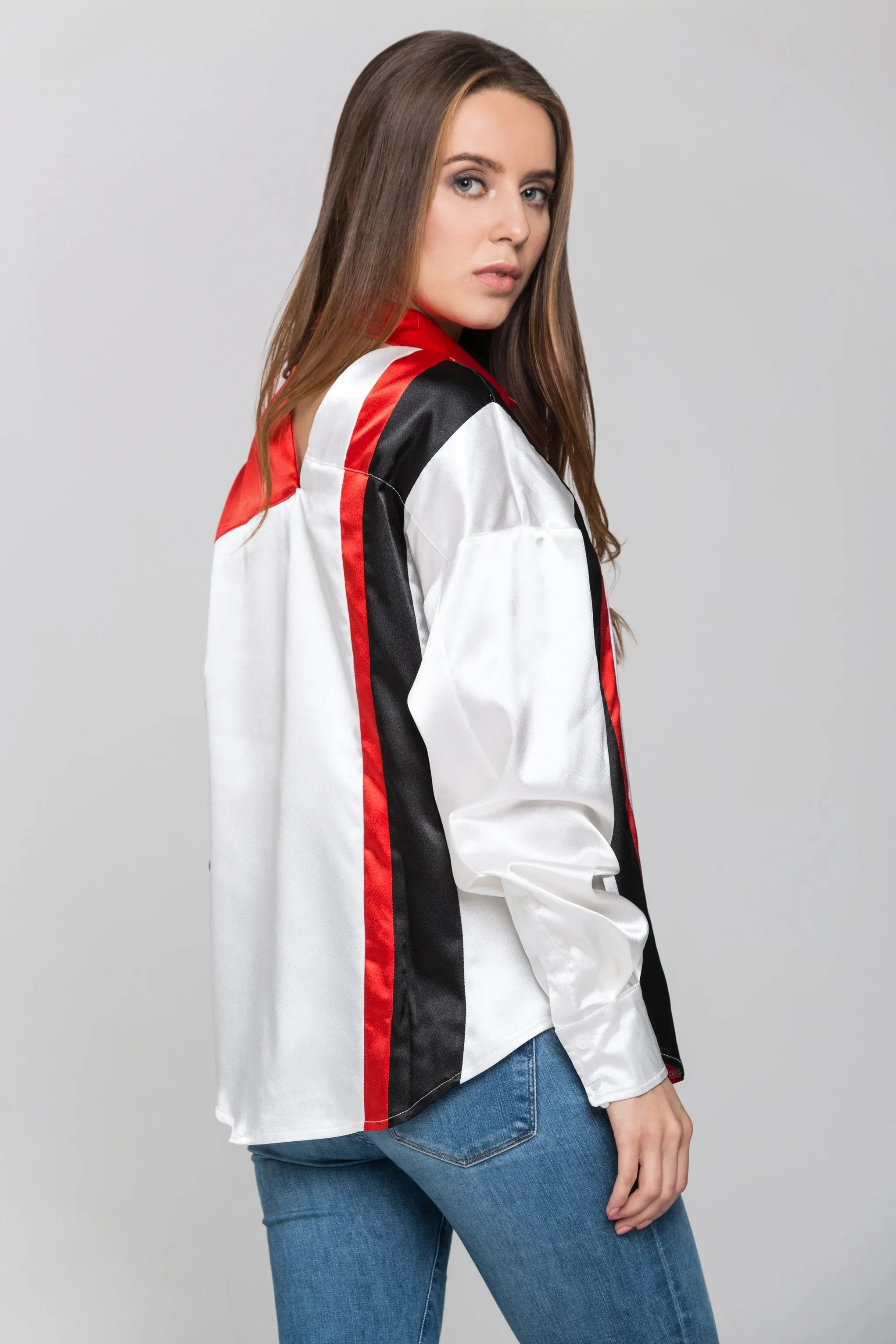 Red White and Black Asymmetric Button Up Top