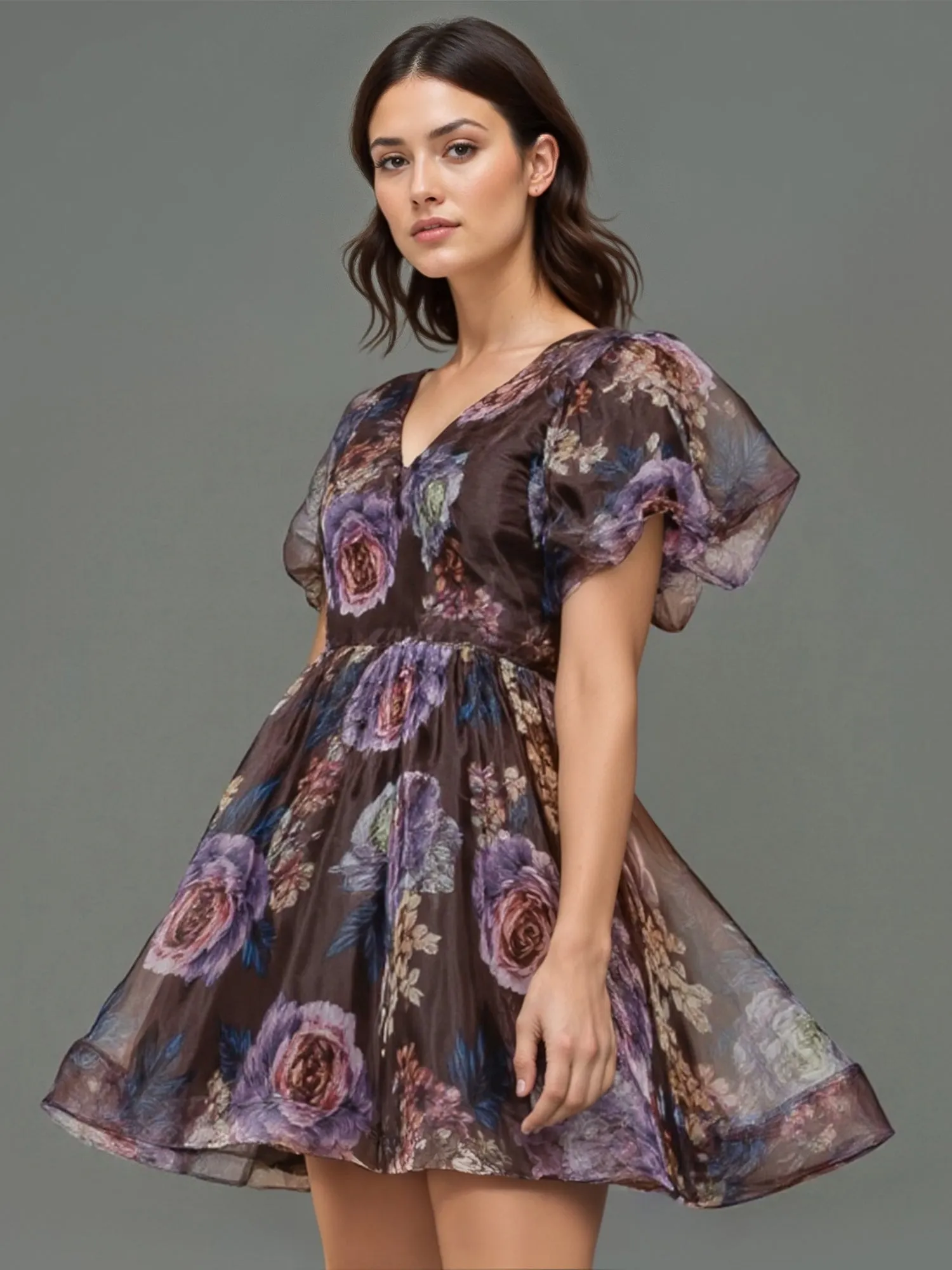 Short Sleeves Floral Puff Sleeve Mini Dress