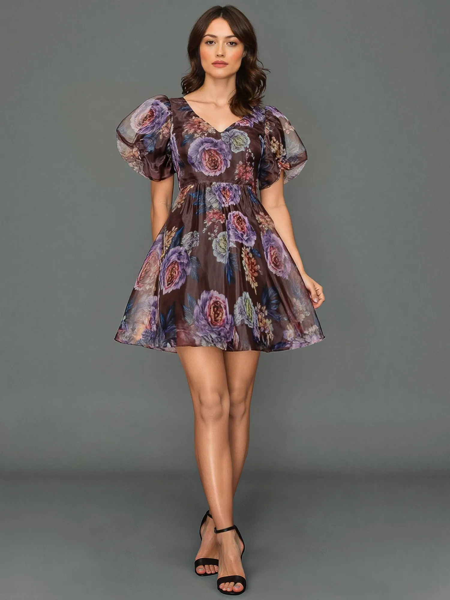 Short Sleeves Floral Puff Sleeve Mini Dress