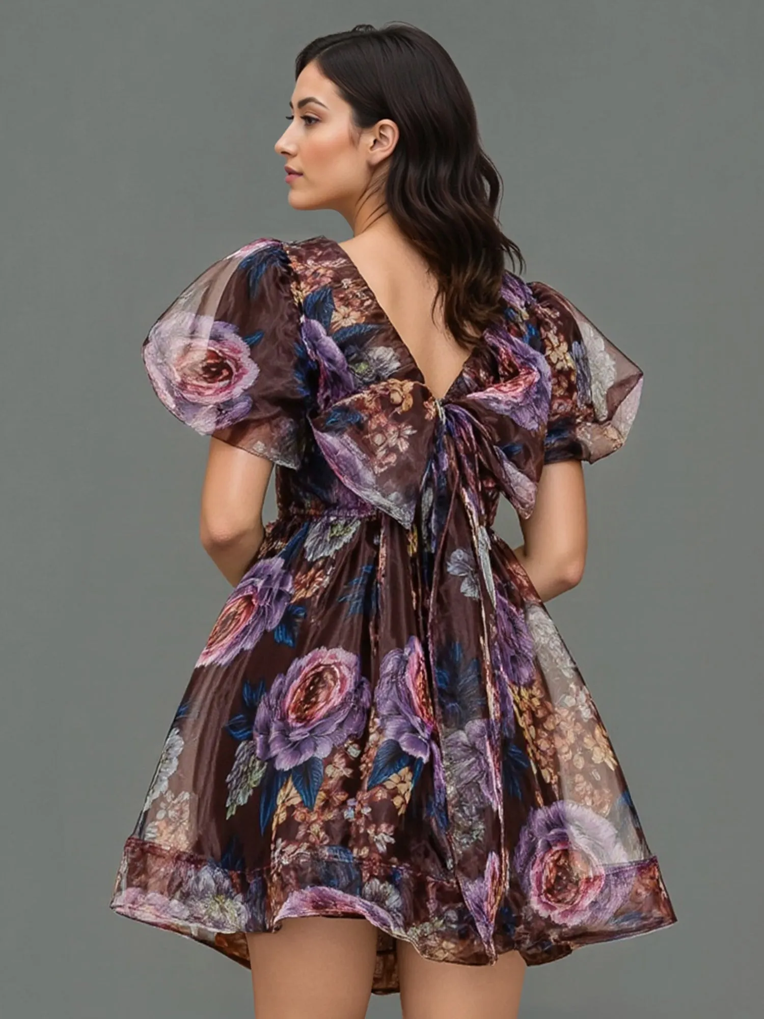 Short Sleeves Floral Puff Sleeve Mini Dress