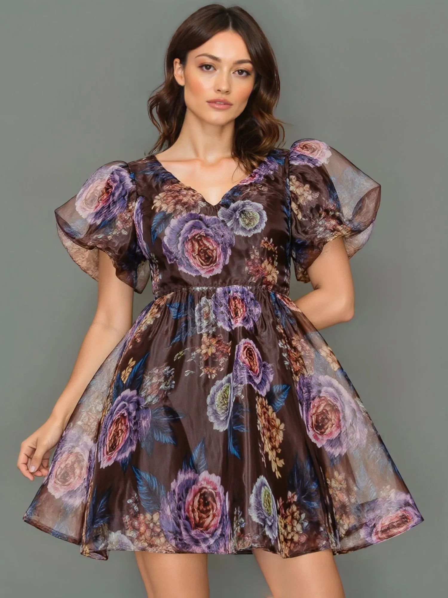 Short Sleeves Floral Puff Sleeve Mini Dress