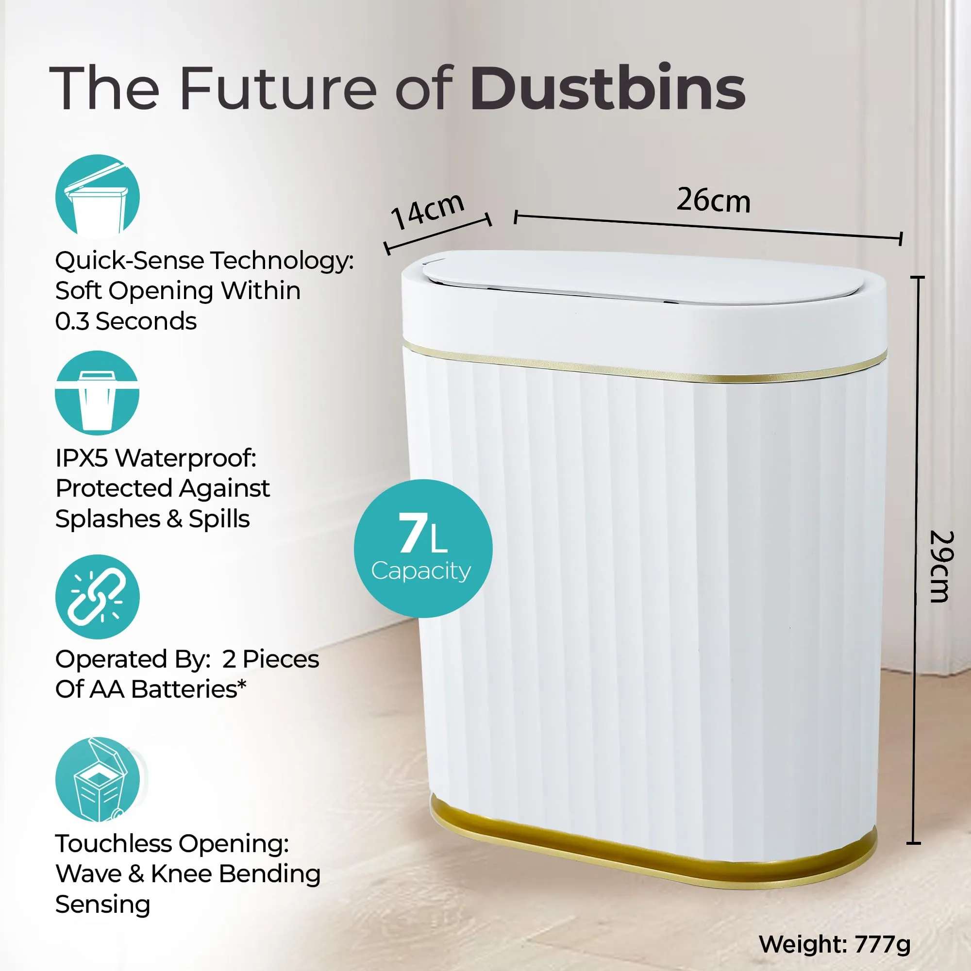 The Better Home 7L Dustbin For Kitchen | Dustbin For Bathroom | 29 cm Automatic Smart Sensor Dustbin For Bedroom | Steel Dustbin With Lid | Dustbin For Office | Garbage Bin - White & Gold