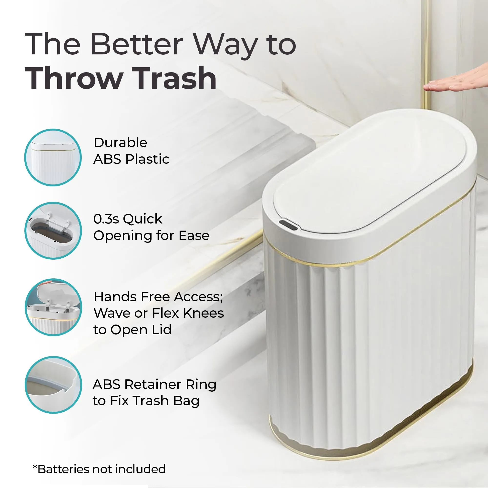 The Better Home 7L Dustbin For Kitchen | Dustbin For Bathroom | 29 cm Automatic Smart Sensor Dustbin For Bedroom | Steel Dustbin With Lid | Dustbin For Office | Garbage Bin - White & Gold