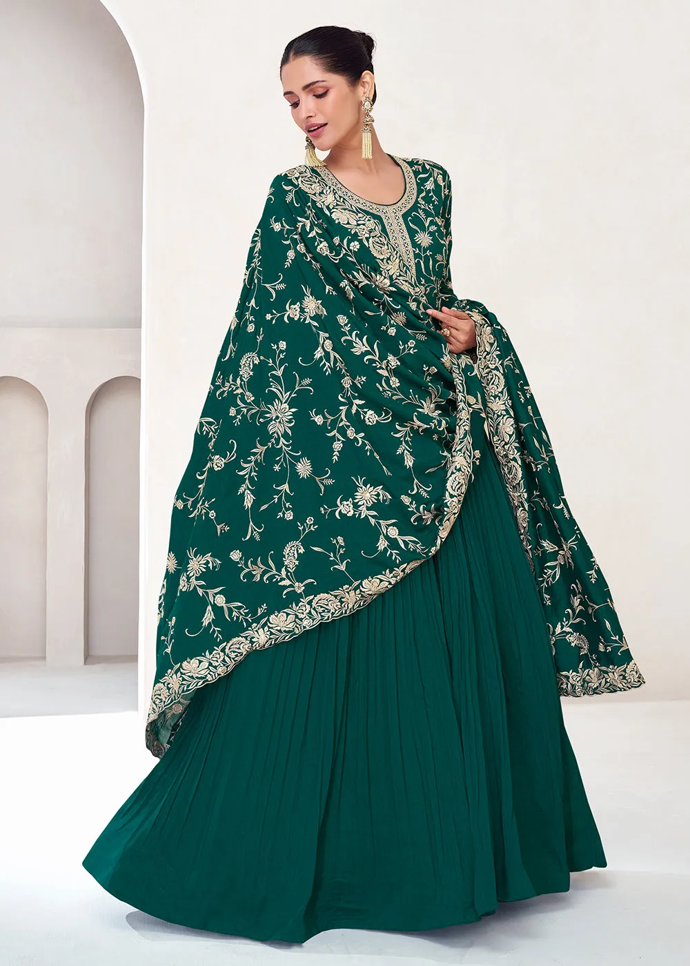 Topnotch Green Embroidered Premium Silk Anarkali Suit