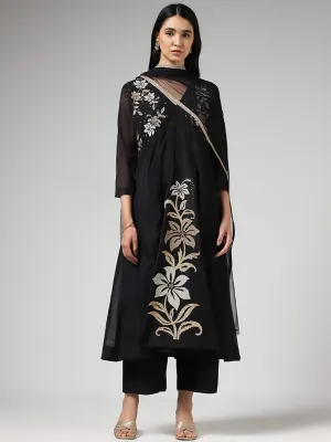 Vark Floral Embroidered Black Kurta with Palazzos & Dupatta