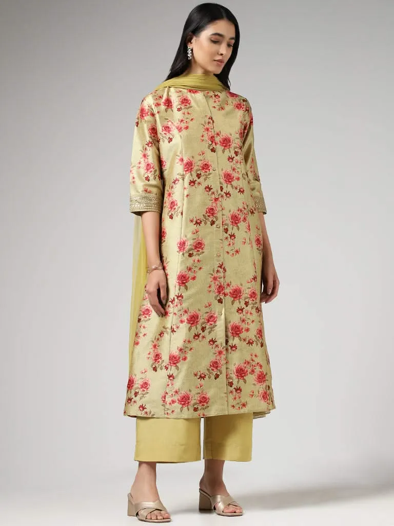 Vark Floral Printed Light Green Kurta with Palazzo & Dupatta