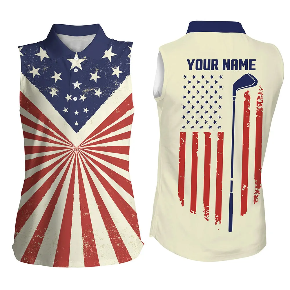 Vintage American flag patriotic Womens sleeveless polo shirts, custom golf tops for ladies golf gift