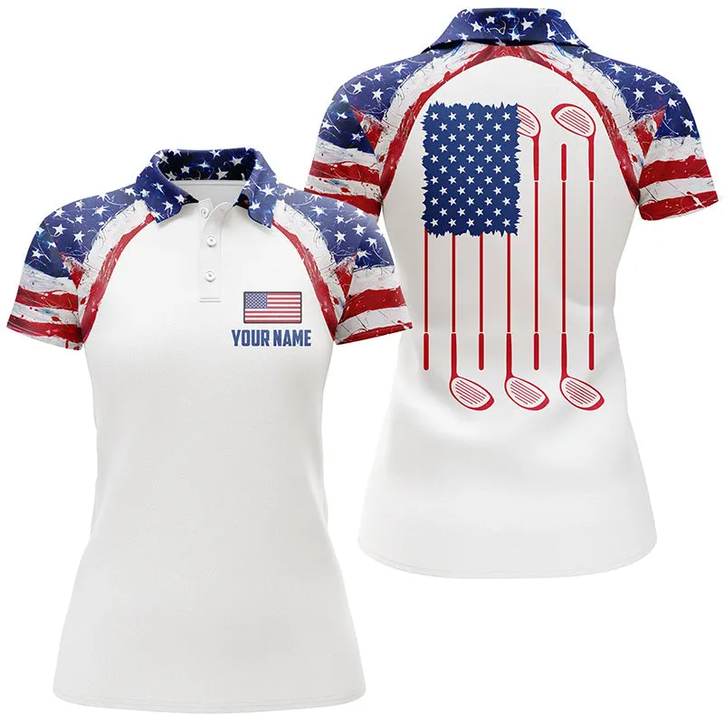 Watercolor American Flag White Womens Golf Polo Shirt Custom Golf Tops For Ladies Patriotic Golf Gift