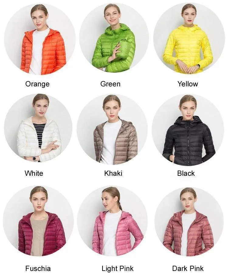 Winter Women Ultra Light Down Jacket 90% Duck Down Hooded Jackets Long Sleeve Warm Slim Coat Parka Female Solid Portabl Outwear (US 6-20W)