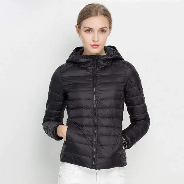 Winter Women Ultra Light Down Jacket 90% Duck Down Hooded Jackets Long Sleeve Warm Slim Coat Parka Female Solid Portabl Outwear (US 6-20W)