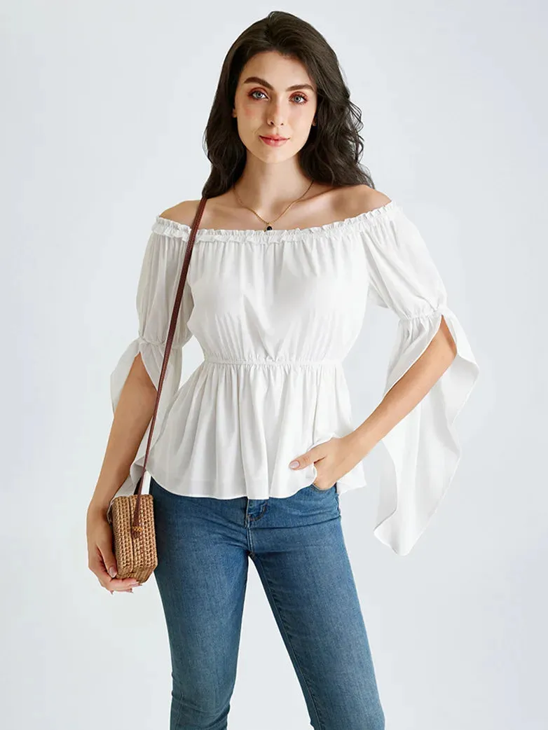 Women Chiffon Tops Slit Sleeve Off Shoulder Tops