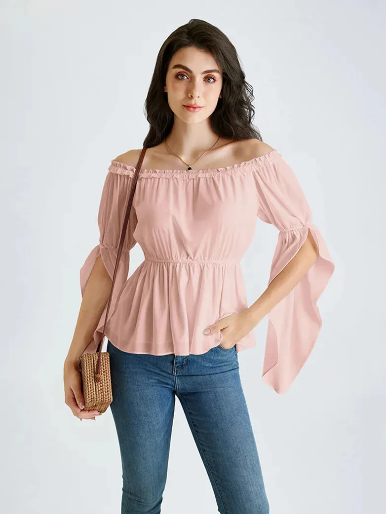 Women Chiffon Tops Slit Sleeve Off Shoulder Tops