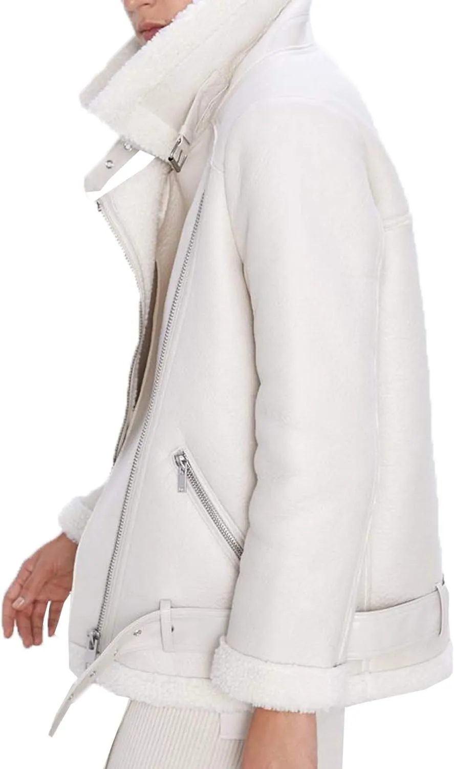 Women's Soft Beige Faux Leather Shearing Moto Jacket