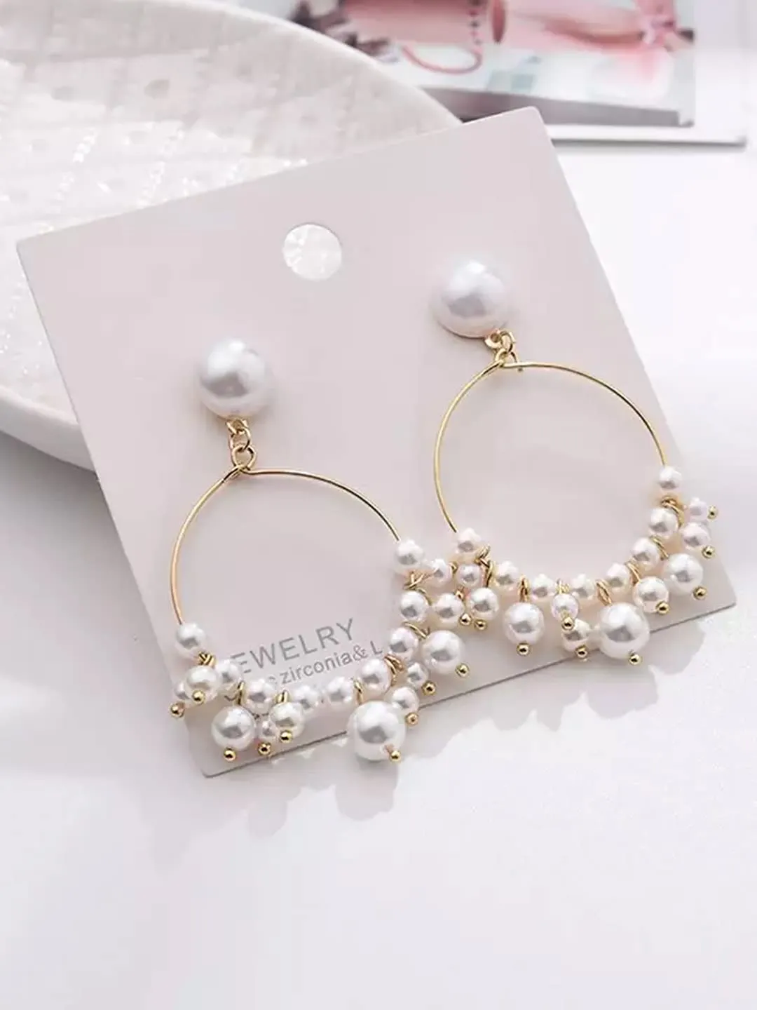 Yellow Chimes Earrings For Women charming Pearl Stud With Round Hoop Small Pearl Studded Drop Earrings For Women and Girls