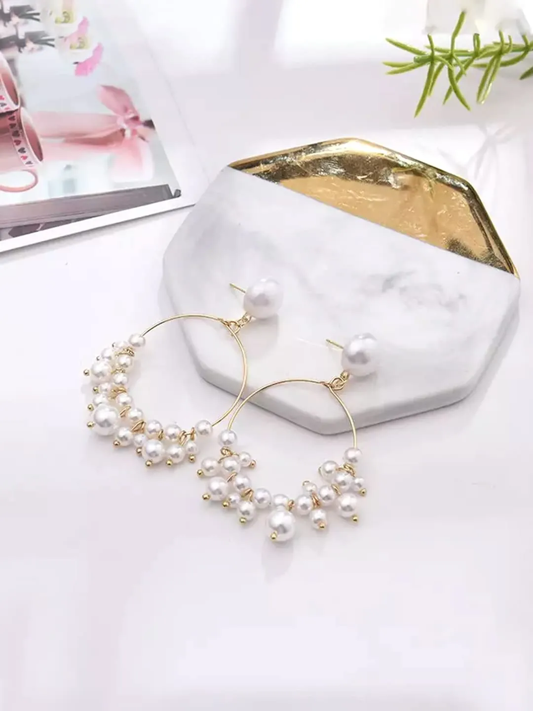 Yellow Chimes Earrings For Women charming Pearl Stud With Round Hoop Small Pearl Studded Drop Earrings For Women and Girls