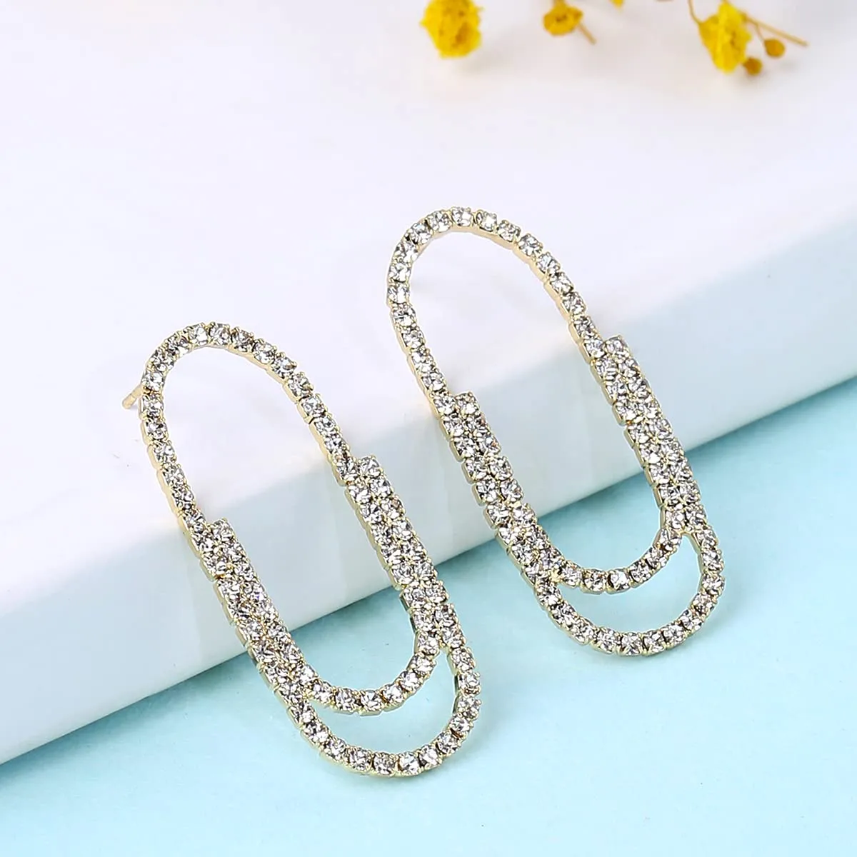 Yellow Chimes Earrings For Women Gold Tone Pin Shaped Sparkling Crystal Studded Drop Stud Earrings For Women and Girls