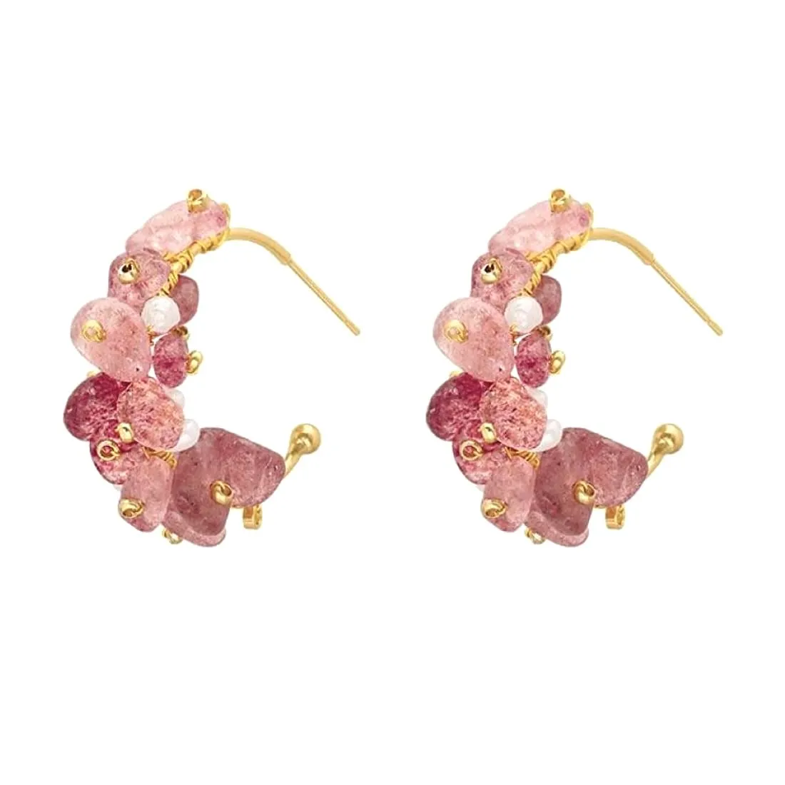 Yellow Chimes Earrings For Women Gold Tone Pink and White Stone Studded Round Half Bali Clip On Hoop Earrings For Women and Girls