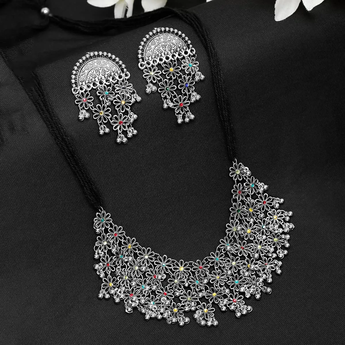 Yellow Chimes Jewellery Set for Women and Girls Traditional Silver Oxidised Jewellery Set | Silver Oxidized Stone Studded Necklace Set | Birthday Gift For Girls & Women Anniversary Gift for Wife