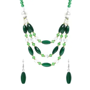 Yellow Chimes Necklace Set For Women Multilayer Dark Green Stone Pearl Beaded Necklace With Earring For Women and Girls