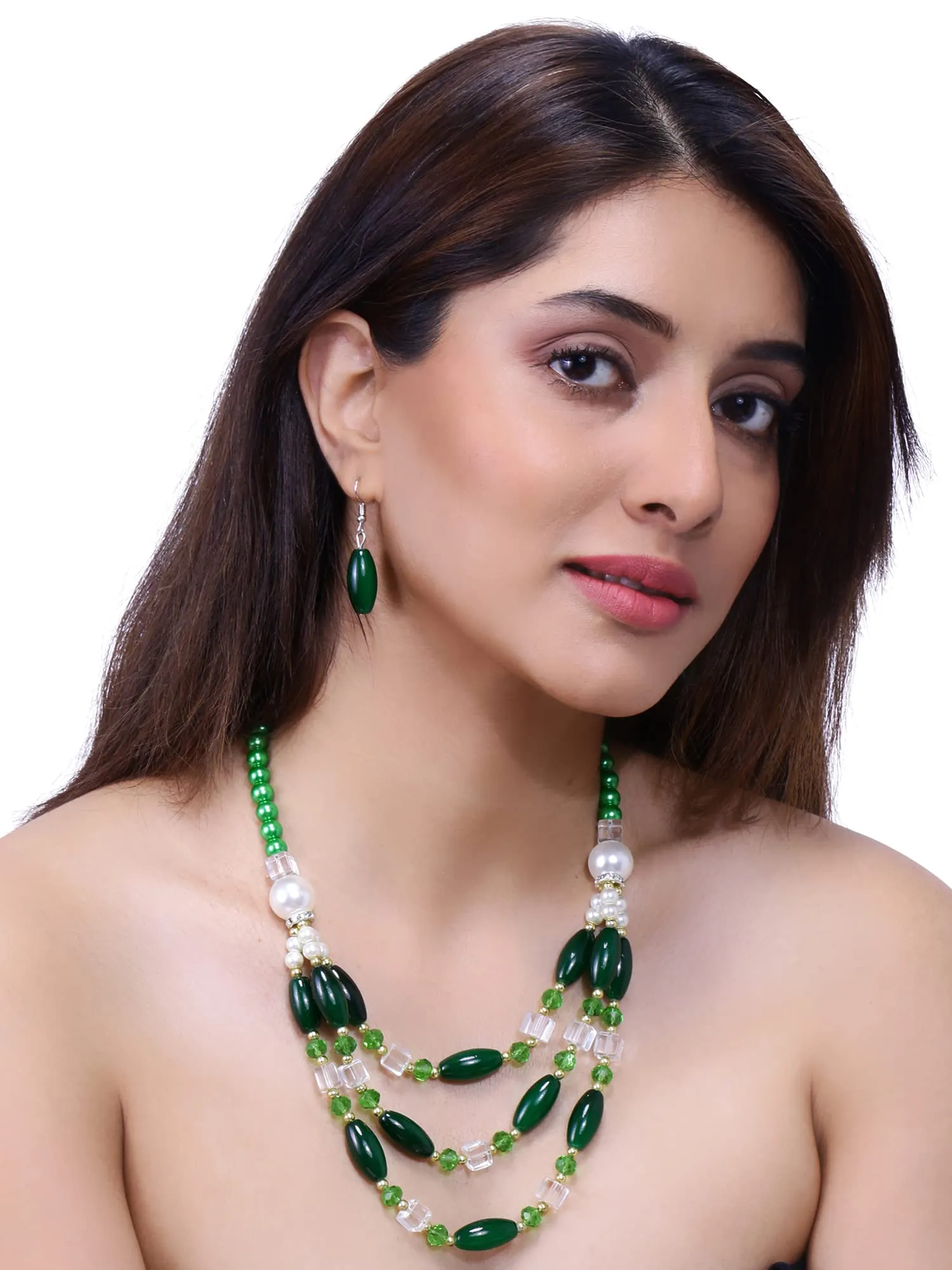 Yellow Chimes Necklace Set For Women Multilayer Dark Green Stone Pearl Beaded Necklace With Earring For Women and Girls